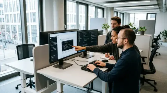 ChatGPT Business, Code-Tool – ChatGPT Business Workspace mit drei Entwicklern im modernen Büro