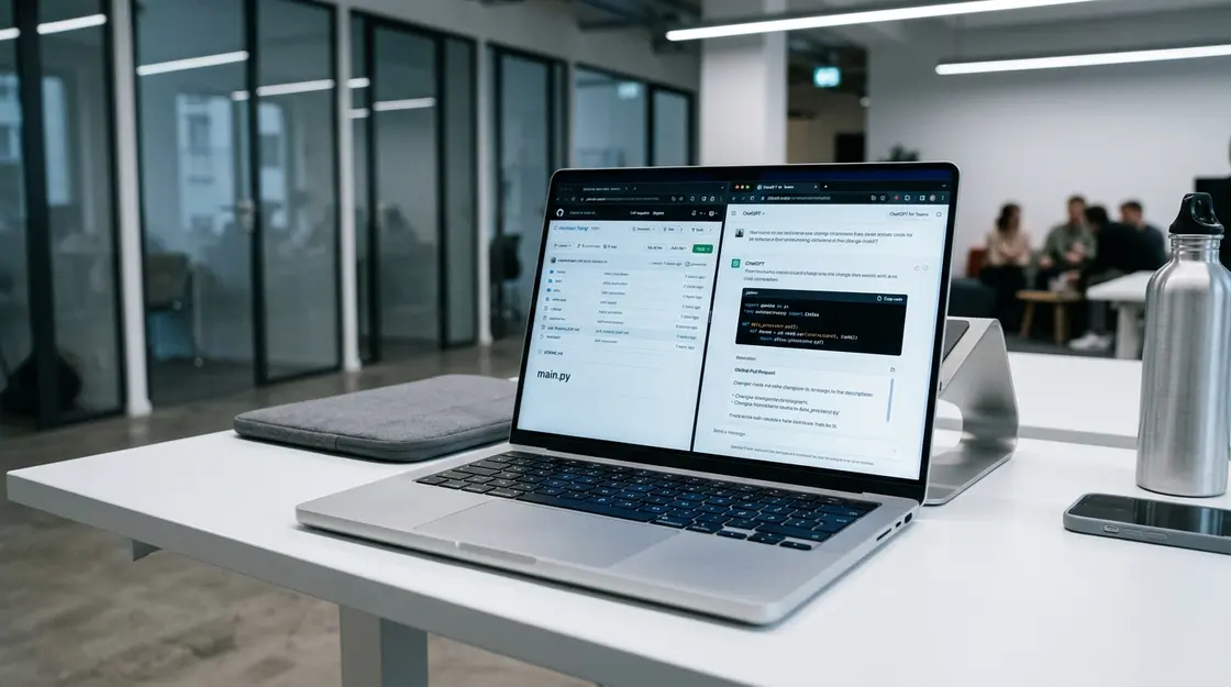 GitHub-Connector in ChatGPT Business mit Code-Review-Workflow auf Laptop