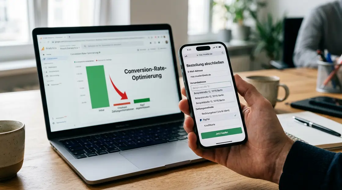 Mobile Checkout-Formular mit KI-Auto-Fill und Analytics-Funnel im Hintergrund