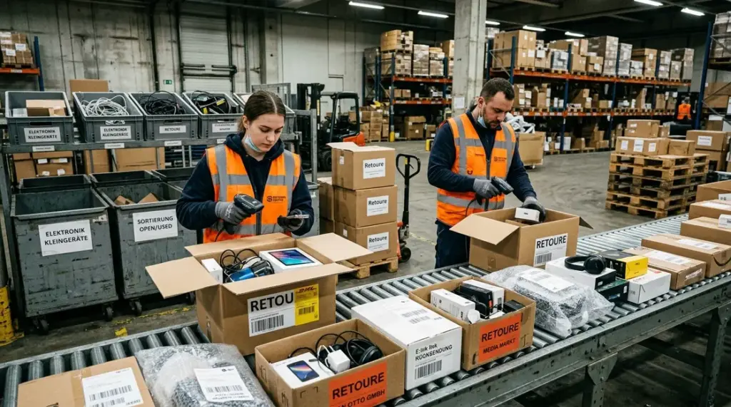 Circular Commerce, Retouren-Logistik – Mitarbeiter prüfen Retouren auf Förderband im Fulfillment-Lager – Circular Commerce und Retouren-Logistik