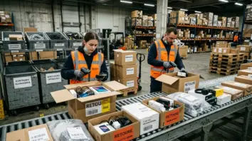 Circular Commerce, Retouren-Logistik – Mitarbeiter prüfen Retouren auf Förderband im Fulfillment-Lager – Circular Commerce und Retouren-Logistik