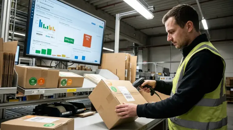 Nachhaltigkeitslabels, CO2-Transparenz – Lagerarbeiter scannt Paket neben CO2-Emissionsdashboard mit Nachhaltigkeitslabels