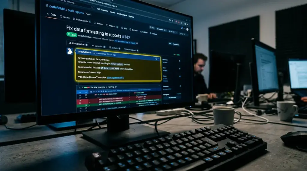 CodeRabbit, KI-Code-Review – GitHub Pull Request mit CodeRabbit KI-Code-Review Kommentar auf Entwickler-Monitor