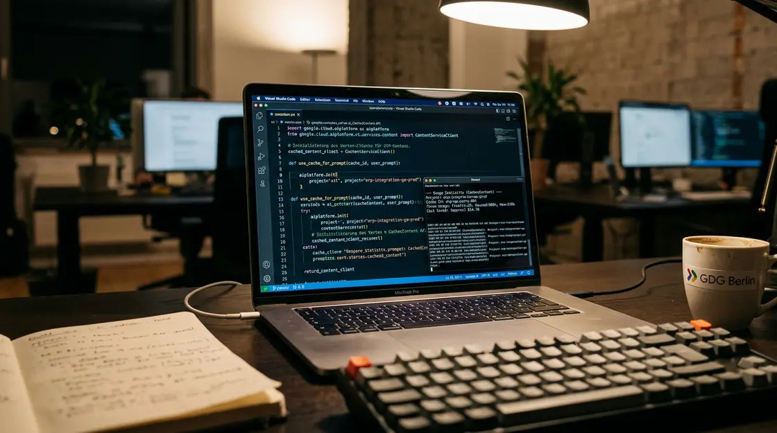 Code-Editor mit Vertex AI Context Caching API und Token-Statistiken im Terminal