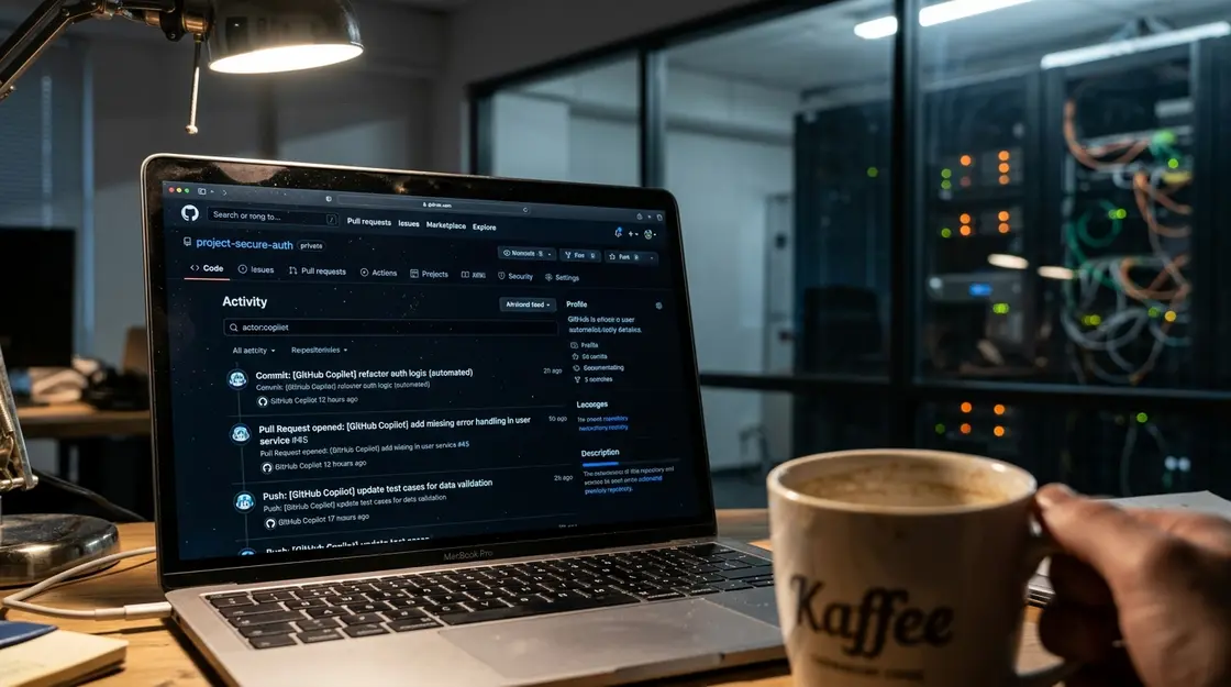 GitHub Copilot Agentenaktivität im Repository-Log mit actor:Copilot Filter