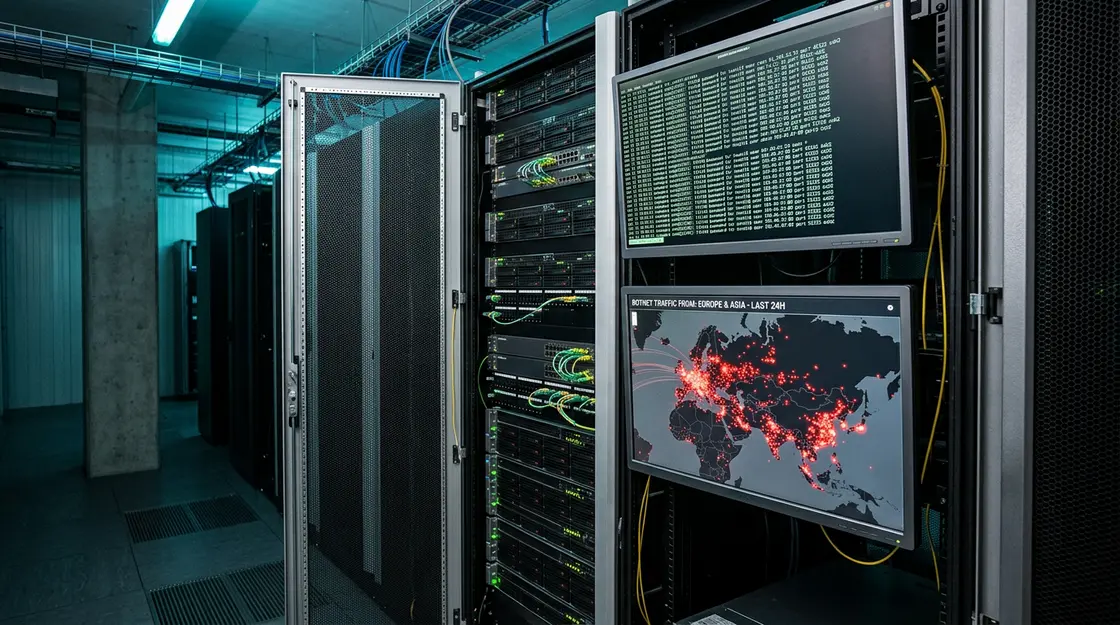 Credential-Stuffing, Botnetz – Server-Rack mit Terminal-Logs zeigt Credential-Stuffing-Angriffe über Botnetz