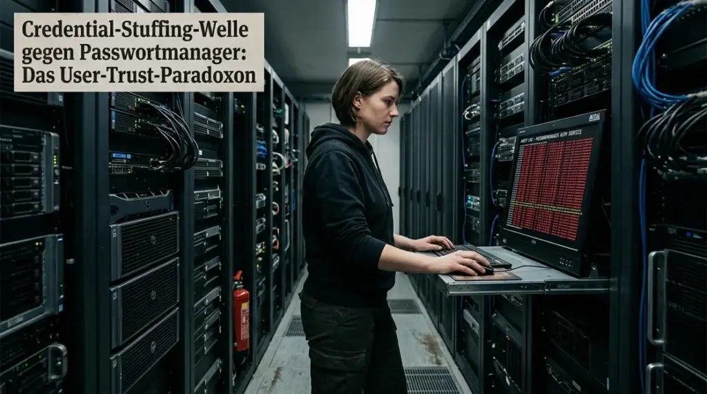 Credential Stuffing, Passwortmanager – Sicherheitsanalyst sieht Credential Stuffing Angriffslogs auf einem Server-Terminal