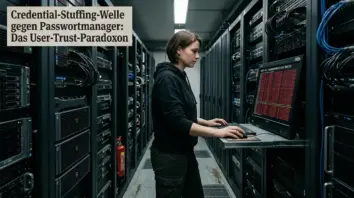 Credential Stuffing, Passwortmanager – Sicherheitsanalyst sieht Credential Stuffing Angriffslogs auf einem Server-Terminal