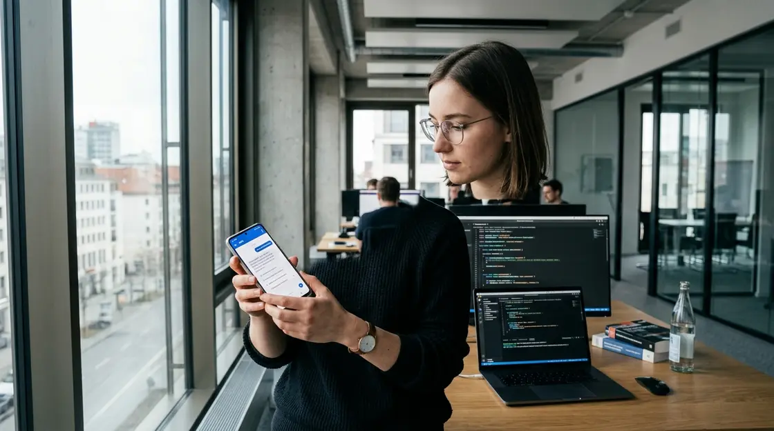 Entwickler testet Custom AI Agent in mobiler App auf Android-Smartphone