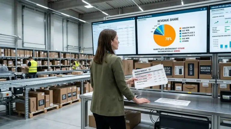 D2C-Strategie, Amazon-Abhängigkeit – Brand Manager analysiert Amazon-Abhängigkeit im Fulfillment-Center
