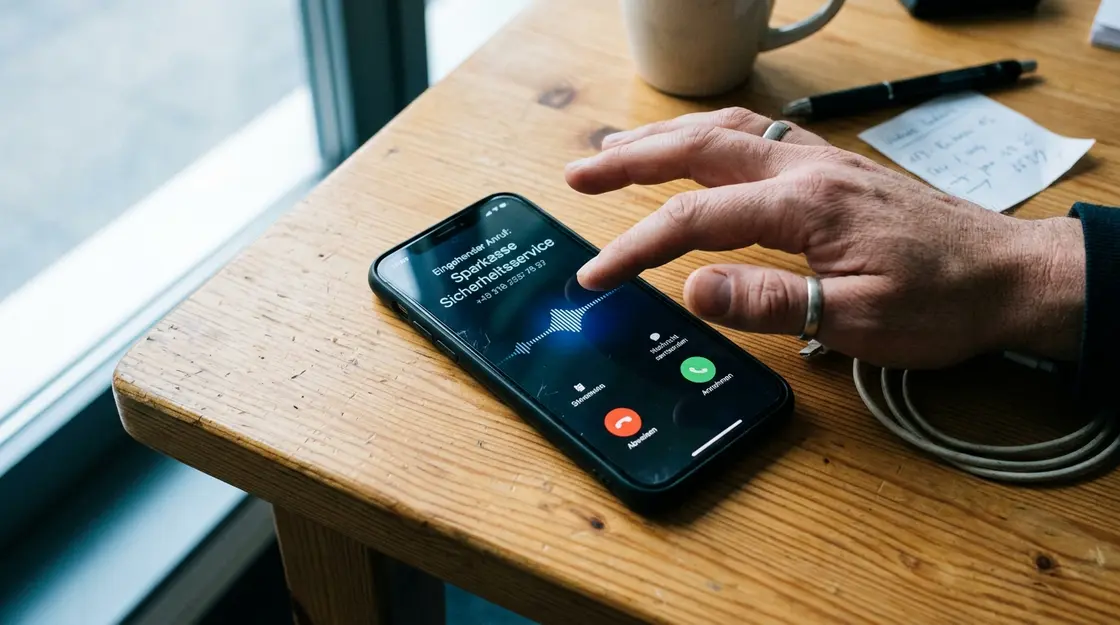 Smartphone mit eingehendem Anruf angeblicher Bank – Deepfake-Betrug via Vishing