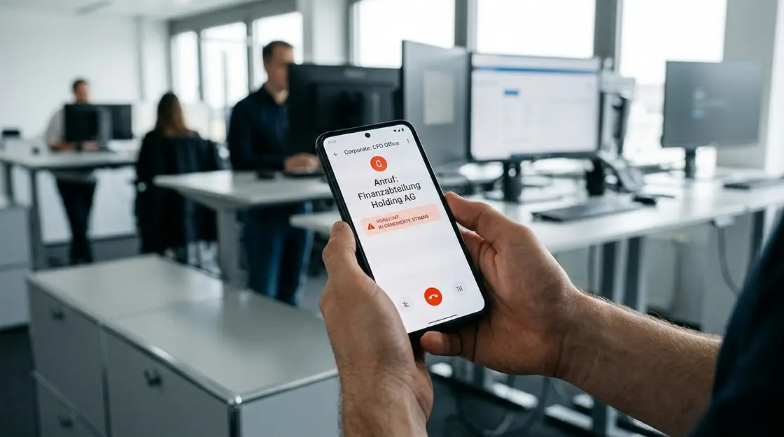 Smartphone zeigt synthetischen Anruf mit AI-Warnung – Deepfake Vishing Unternehmensangriff