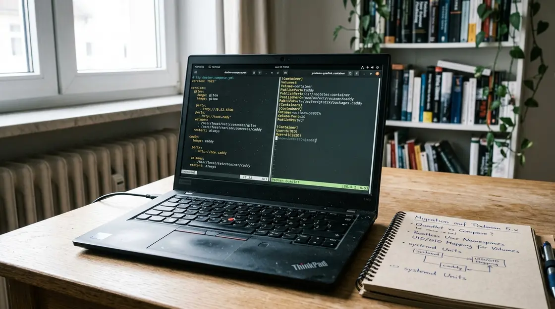 Docker Compose YAML und Podman Quadlet Konfiguration im Vergleich auf Terminal-Split-Screen