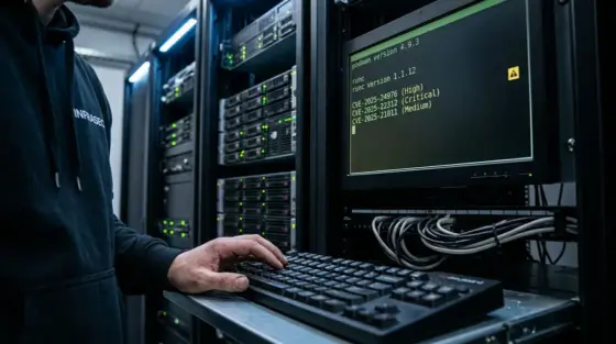 Docker Podman, Container, Rootless – Terminal-Ausgabe von Podman-Sicherheits-Patches auf einem Linux-Server im Rechenzentrum