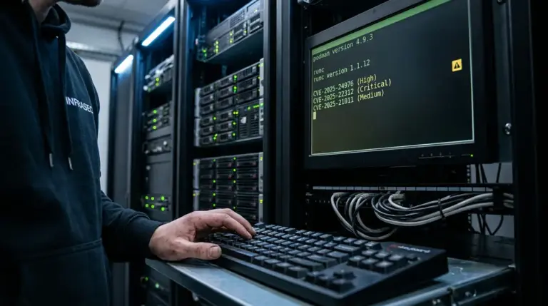 Docker Podman, Container, Rootless – Terminal-Ausgabe von Podman-Sicherheits-Patches auf einem Linux-Server im Rechenzentrum