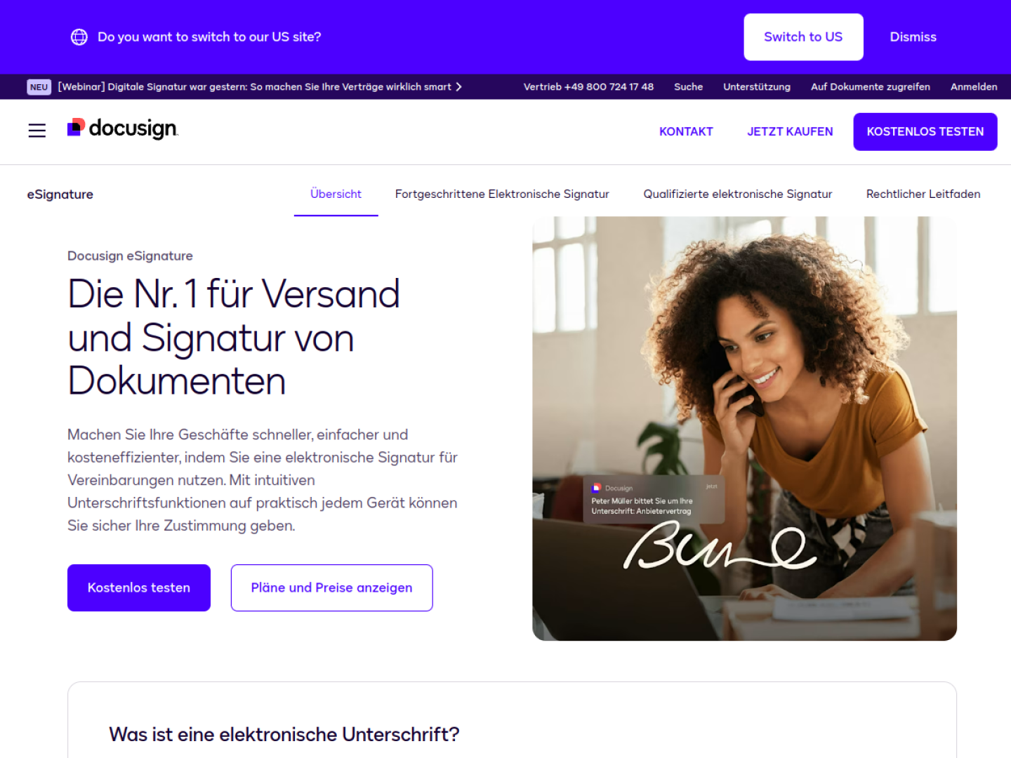 PDF digital signieren: Der ultimative Ratgeber für rechtssichere elektronische Unterschriften Screenshot der DocuSign Website für PDF digital signieren