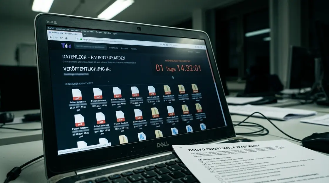 Laptop-Bildschirm zeigt Leak-Site mit Patientendaten-Countdown und DSGVO-Checkliste