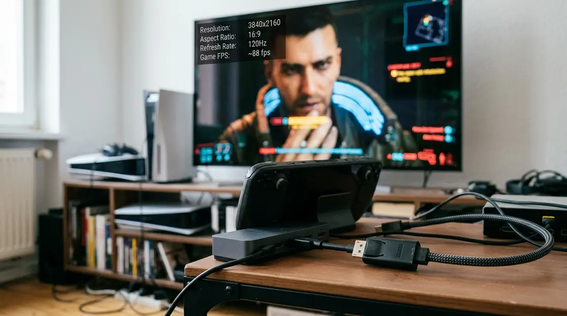 Steam Deck im Dock mit aktivem DP-zu-HDMI-2.1-Adapter an 4K-TV