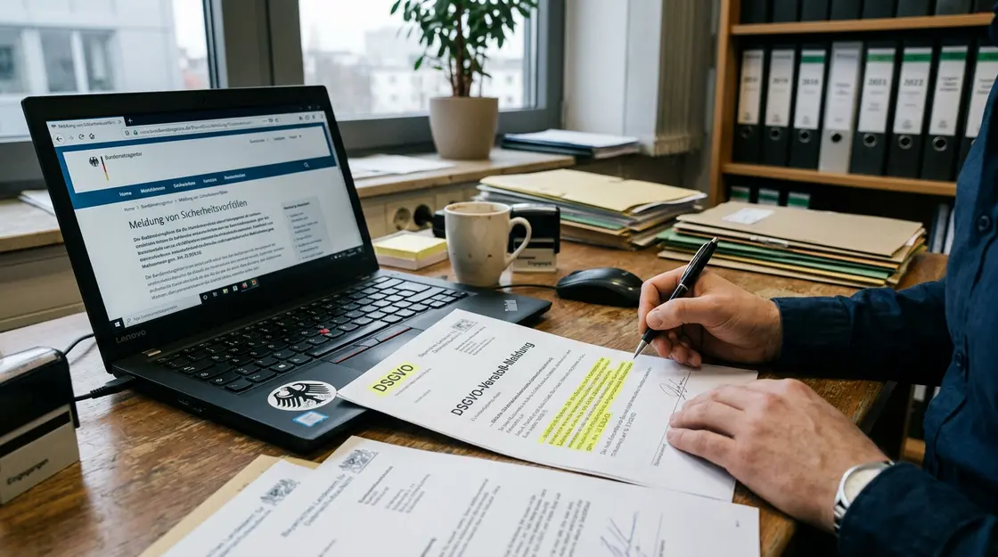 DSGVO-Meldebogen für Datenschutzverletzung auf dem Schreibtisch einer Datenschutzbehörde