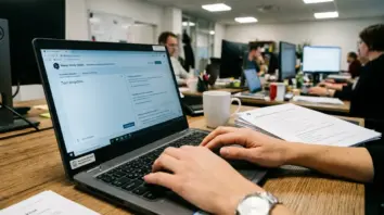 DSGVO-KI-Apps, Deutsche KI – DSGVO-KI-Apps: DeepL Write auf Laptop-Screen mit Datenschutz-Checkliste im Büro