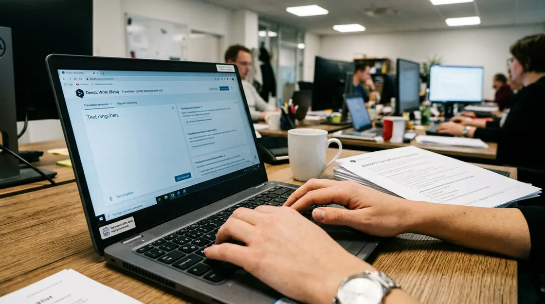 DSGVO-KI-Apps, Deutsche KI – DSGVO-KI-Apps: DeepL Write auf Laptop-Screen mit Datenschutz-Checkliste im Büro
