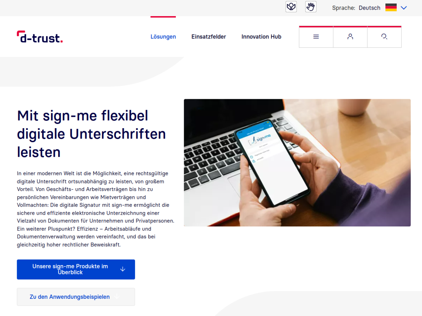 PDF digital signieren: Der ultimative Ratgeber für rechtssichere elektronische Unterschriften Screenshot der D-Trust sign-me Website für PDF digital signieren