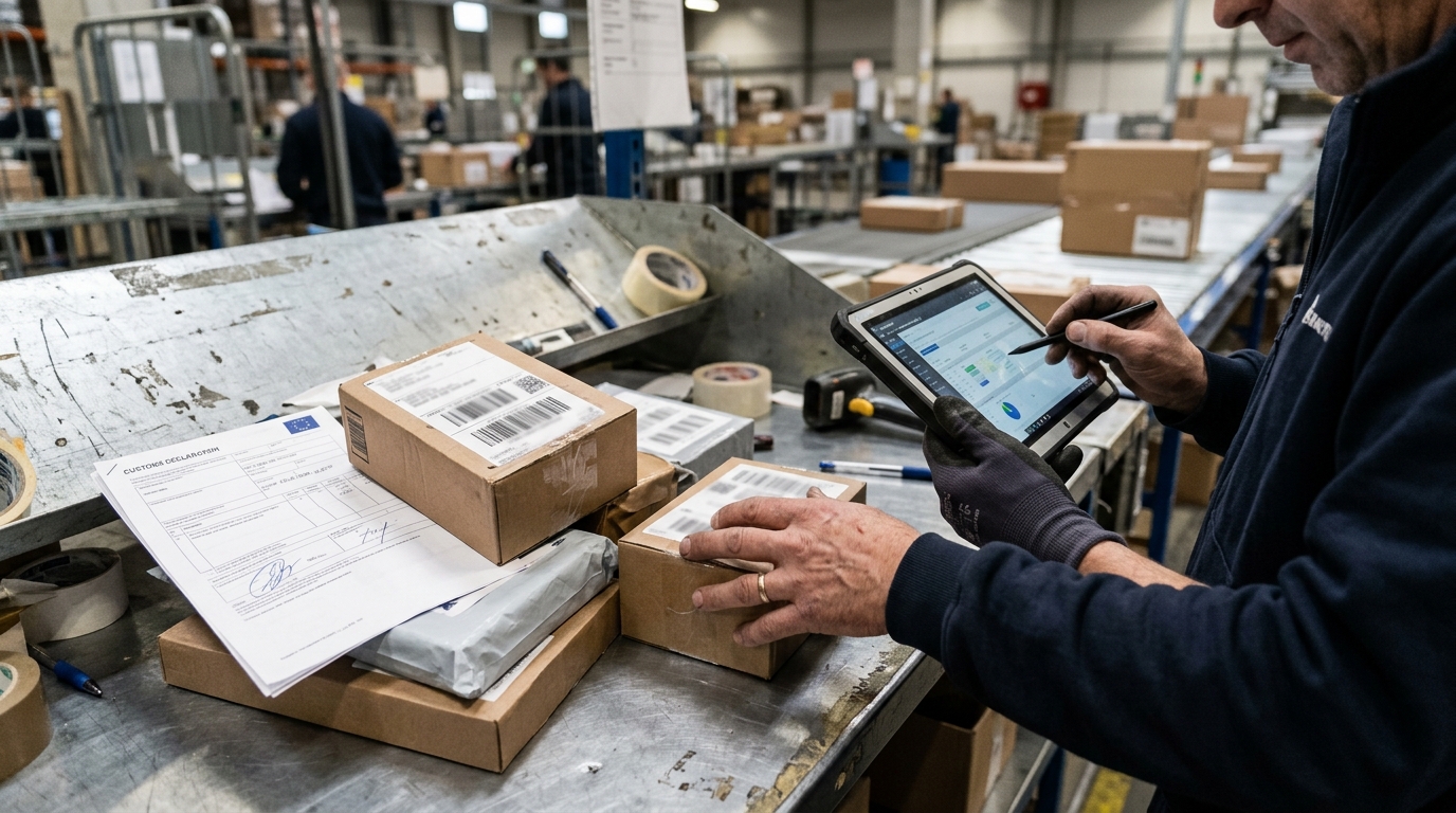 Zollfreigrenze im E-Commerce: Pakete und Zollunterlagen an einer Packstation