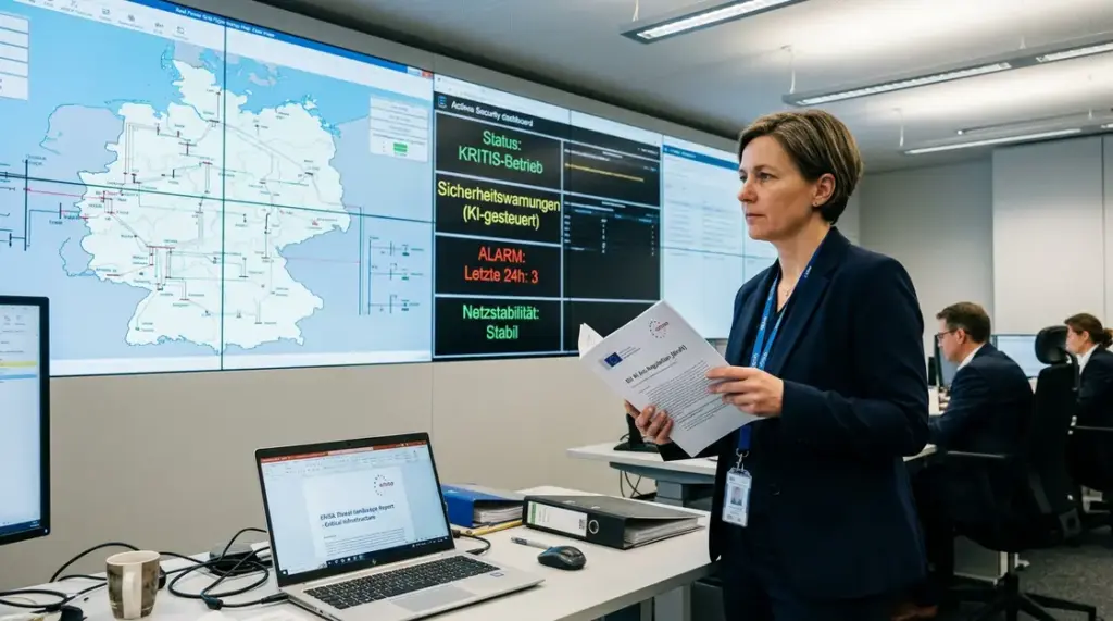 ENISA, kritische Infrastrukturen – Compliance-Beauftragter in einem Energieversorger-Kontrollraum vor ENISA-KI-Sicherheits-Dashboard
