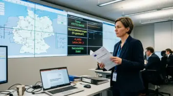 ENISA, kritische Infrastrukturen – Compliance-Beauftragter in einem Energieversorger-Kontrollraum vor ENISA-KI-Sicherheits-Dashboard