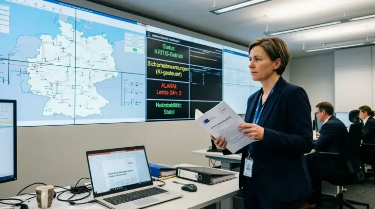 ENISA, kritische Infrastrukturen – Compliance-Beauftragter in einem Energieversorger-Kontrollraum vor ENISA-KI-Sicherheits-Dashboard
