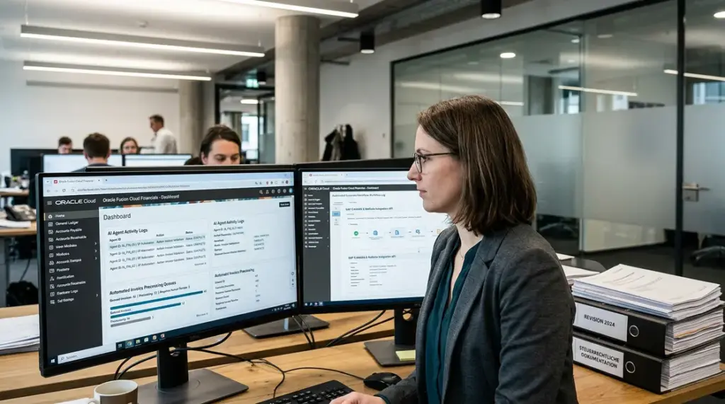 Enterprise-ERP-Agenten, Cloud-ERP-Automatisierung – Enterprise-ERP-Agenten in Oracle Fusion Cloud auf Dual-Monitor-Arbeitsplatz