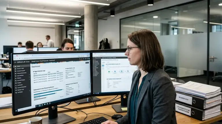 Enterprise-ERP-Agenten, Cloud-ERP-Automatisierung – Enterprise-ERP-Agenten in Oracle Fusion Cloud auf Dual-Monitor-Arbeitsplatz