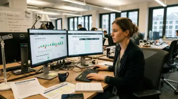 ETF Sparplan, Neobroker – Neobroker-Mitarbeiter analysiert ETF-Sparplan-Rendite und Gebührenmodelle am Dual-Monitor-Arbeitsplatz
