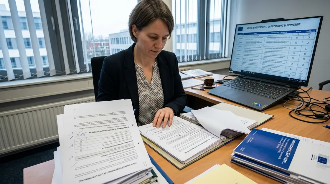 Compliance-Beauftragte prüft AI-Act-Dokumentation für Biometrie-KI-Systeme