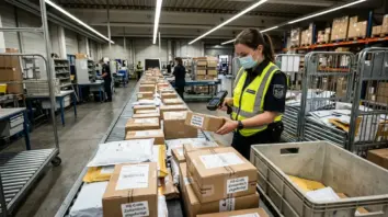 EU-Zollabfertigung, Cross-Border E-Commerce – EU-Zollabfertigung: Zollbeamter scannt Kleinsendungen aus Drittstaaten im Inspektionszentrum