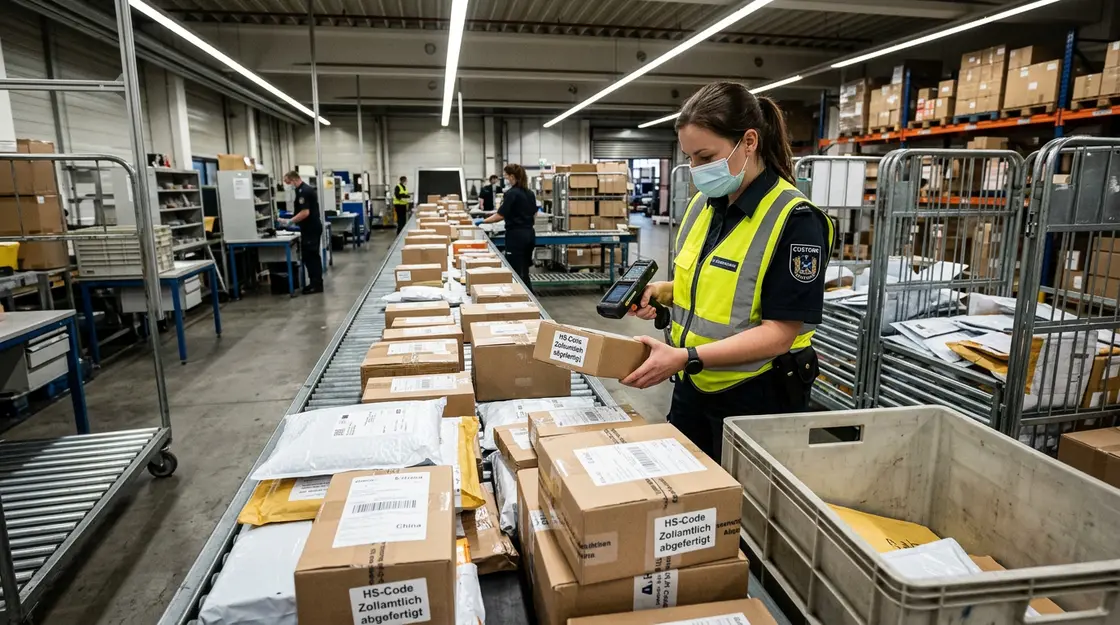 EU-Zollabfertigung, Cross-Border E-Commerce – EU-Zollabfertigung: Zollbeamter scannt Kleinsendungen aus Drittstaaten im Inspektionszentrum