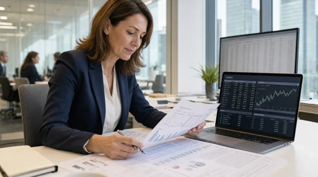 Finanzexpertin prüft Wertpapierunterlagen und digitale Handelsdaten – Symbolbild zur EZB-Warnung vor Tokenisierung