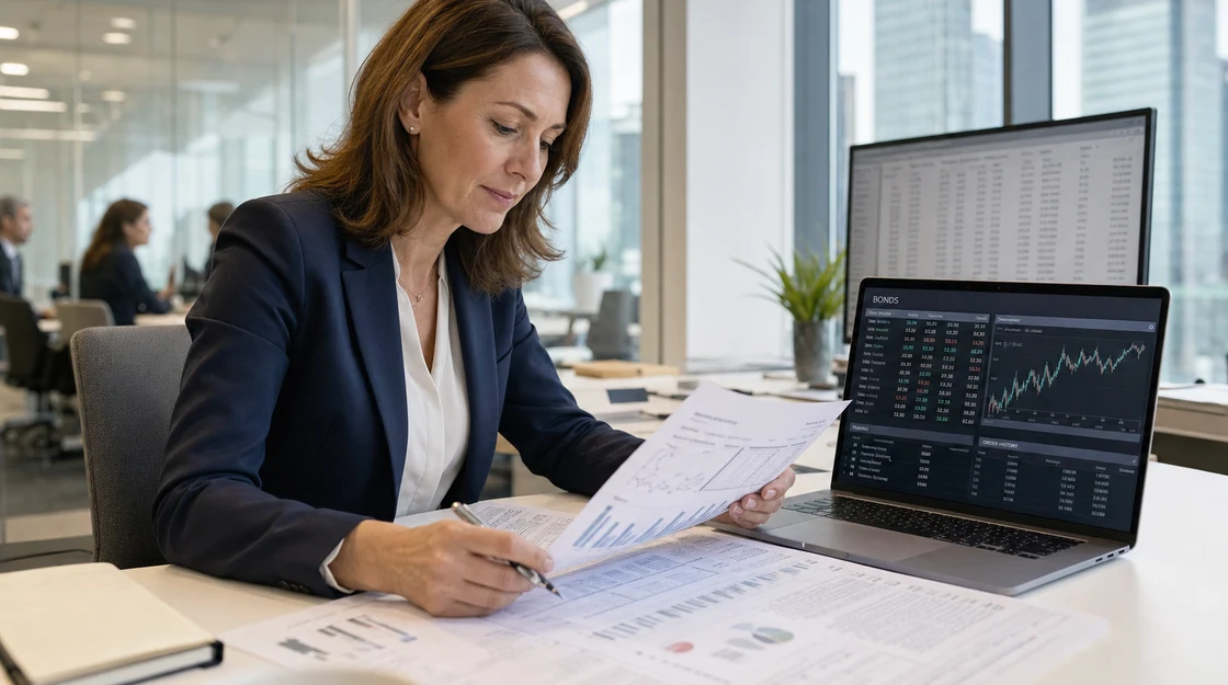 Finanzexpertin prüft Wertpapierunterlagen und digitale Handelsdaten – Symbolbild zur EZB-Warnung vor Tokenisierung