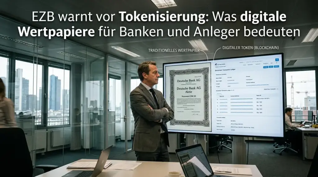Tokenisierung, digitale Wertpapiere – Tokenisierung von Wertpapieren: Bankmitarbeiter analysiert digitale Wertpapiere am Monitor