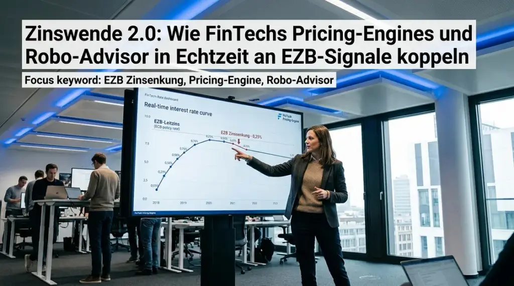 EZB Zinssenkung, Pricing-Engine, Robo-Advisor – Pricing-Engine Dashboard mit EZB Zinssenkung Kurve in FinTech-Büro