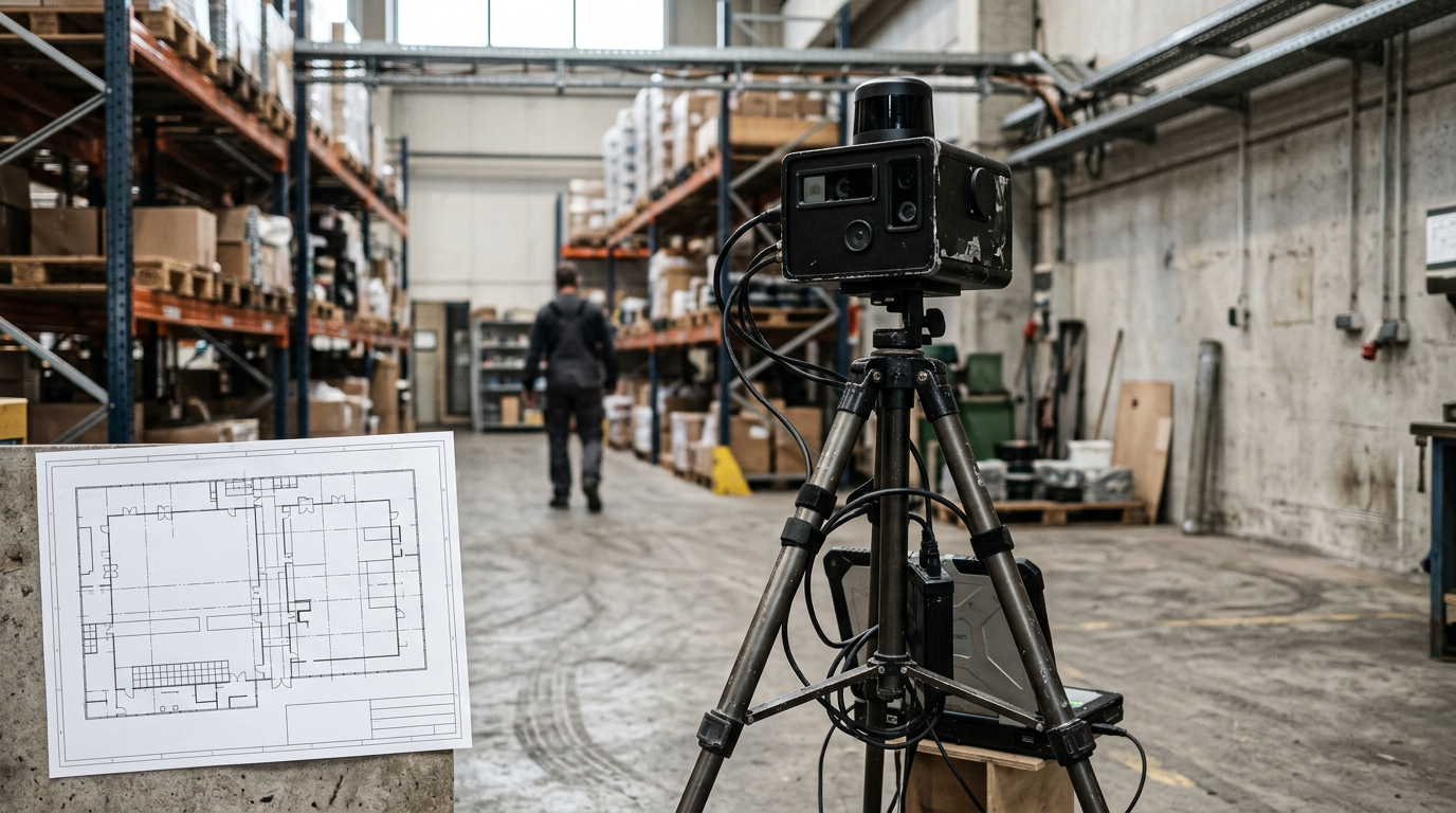3D-Scanner in einer Industriehalle als Grundlage für digitale Zwillinge
