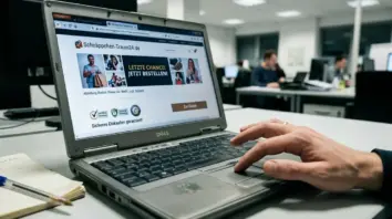 Fake-Shop, Betrug – Laptop-Bildschirm mit verdächtigem Online-Shop und gefälschtem Gütesiegel – Fake-Shop erkennen