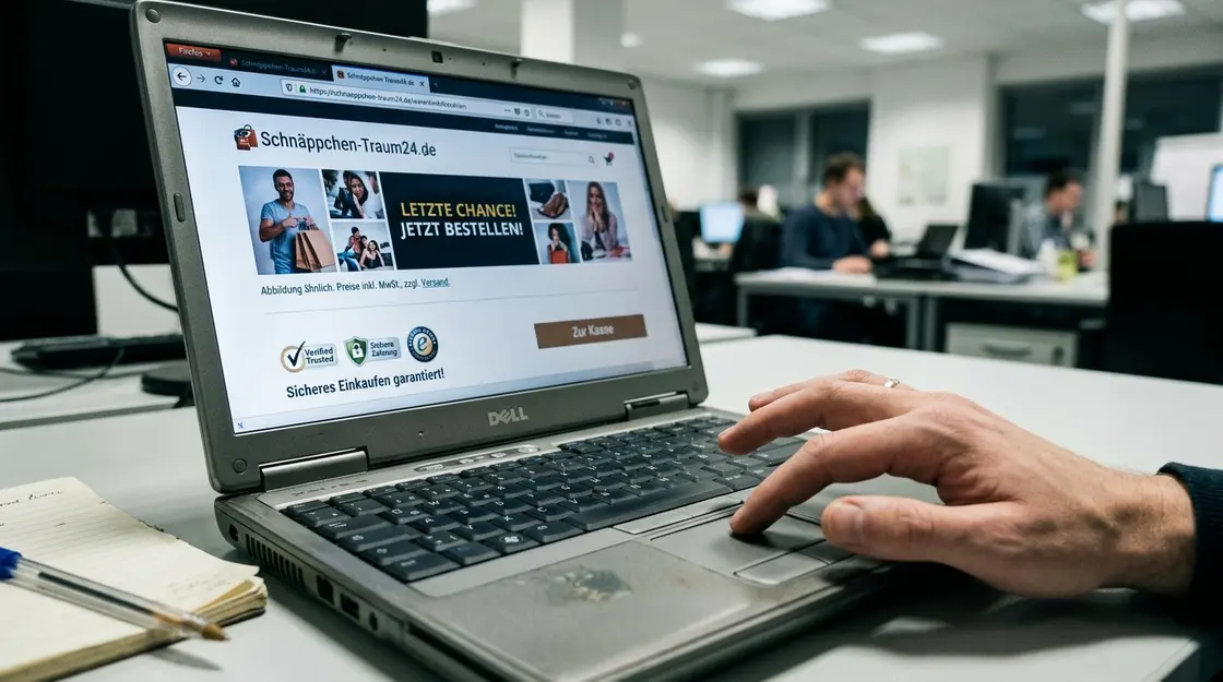 Fake-Shop, Betrug – Laptop-Bildschirm mit verdächtigem Online-Shop und gefälschtem Gütesiegel – Fake-Shop erkennen
