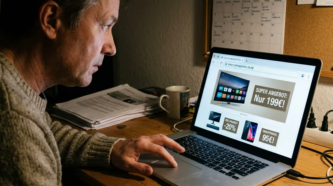 Fake-Shops, Betrug – Person prüft verdächtigen Online-Shop auf Fake-Shop-Merkmale