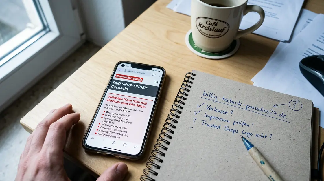 Smartphone mit Fakeshop-Finder der Verbraucherzentrale auf dem Display – URL-Check vor dem Online-Kauf