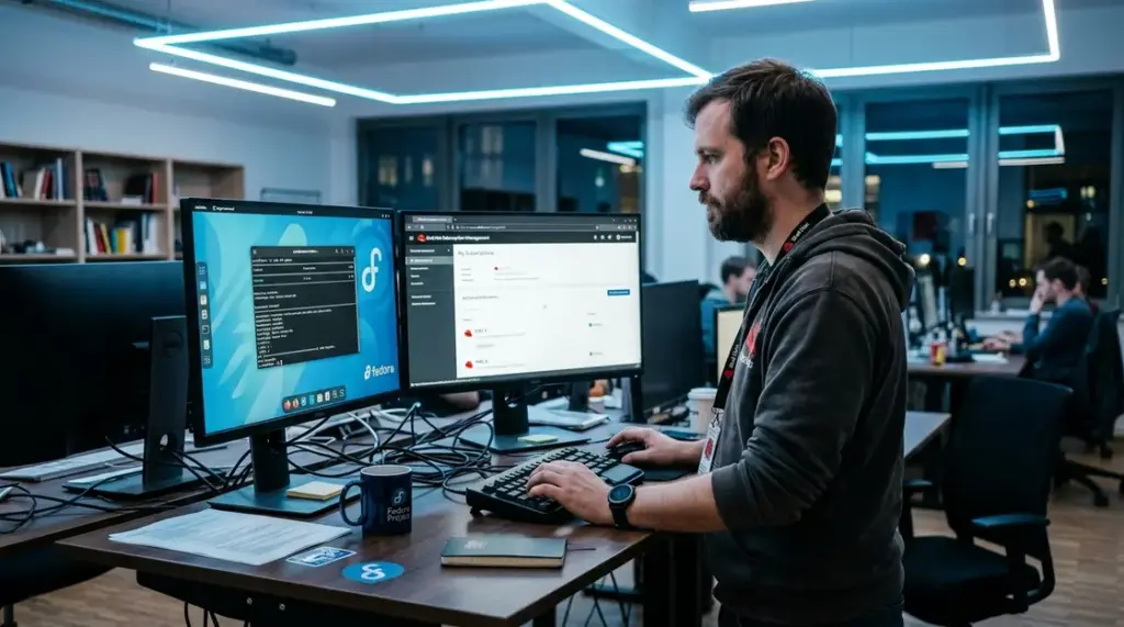 Fedora 44, Red Hat und RHEL auf zwei Entwickler-Bildschirmen