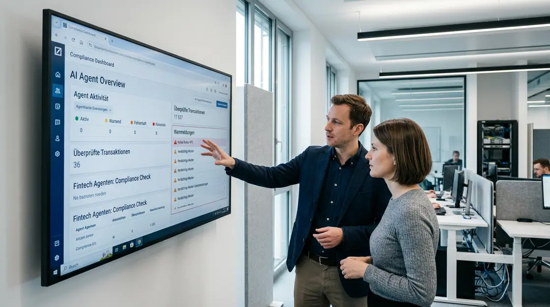 Fintech Agenten, Banking Automation – Fintech Agenten und Banking Automation im Compliance-Dashboard einer deutschen Großbank