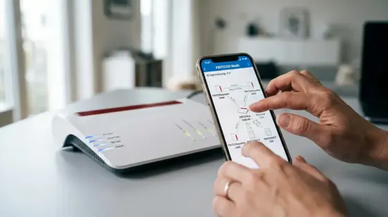 Fritz!Box, Netzwerk-Optimierung – Fritz!Box 7590 AX mit FRITZ!OS Mesh-Oberfläche auf Smartphone