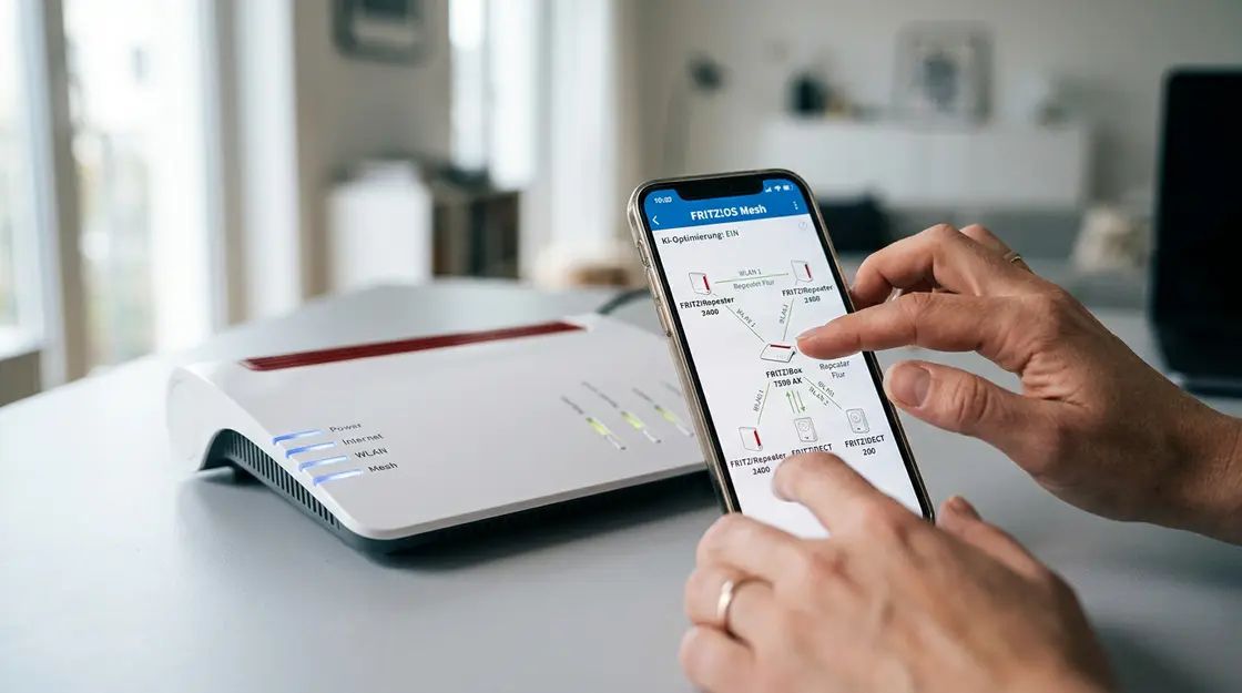 Fritz!Box, Netzwerk-Optimierung – Fritz!Box 7590 AX mit FRITZ!OS Mesh-Oberfläche auf Smartphone