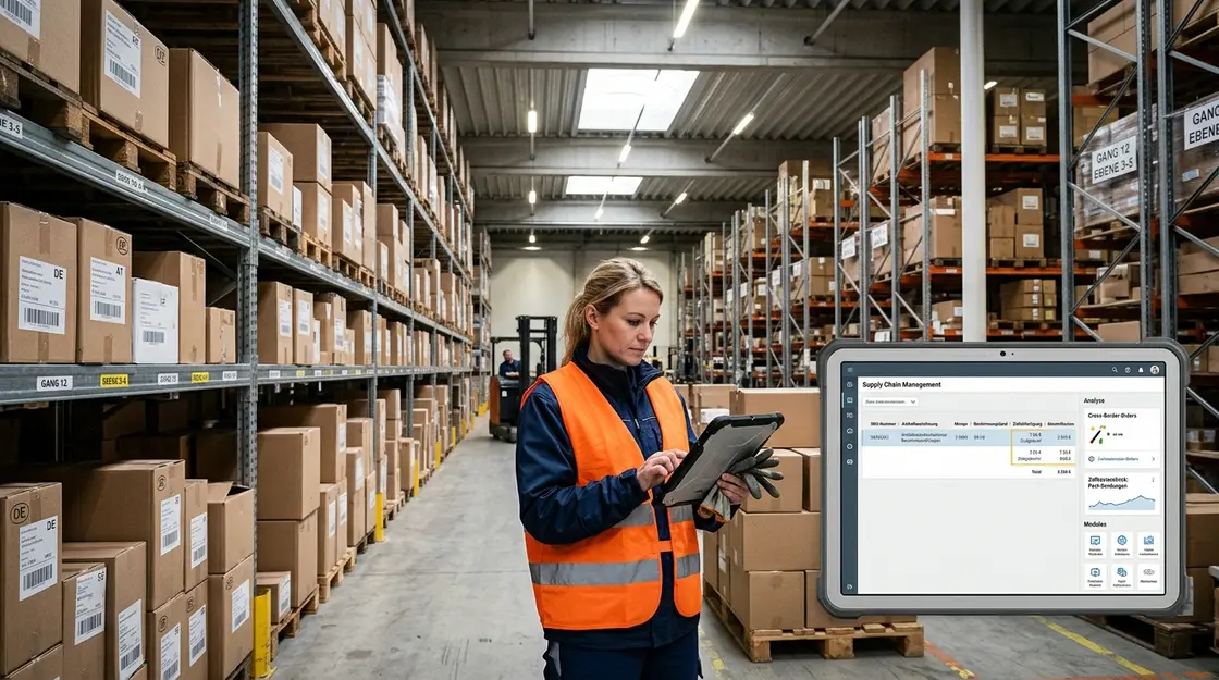 EU-Fulfillment-Center: Logistikmanager prüft Zollkosten-Kalkulation auf Tablet